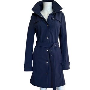 Tommy Hilfiger Hooded Belted Blue Trench Coat Women M silver Buttons Easy Care